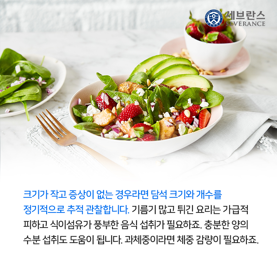 크기가 작고 증상이 없는 경우라면 담석 크기와 개수를 정기적으로 추적 관찰합니다. 기름기 많고 튀긴 요리는 가급적 피하고 식이섬유가 풍부한 음식 섭취가 필요하죠. 충분한 양의 수분 섭취도 도움이 됩니다. 과체중이라면 체중 감량이 필요하죠. 