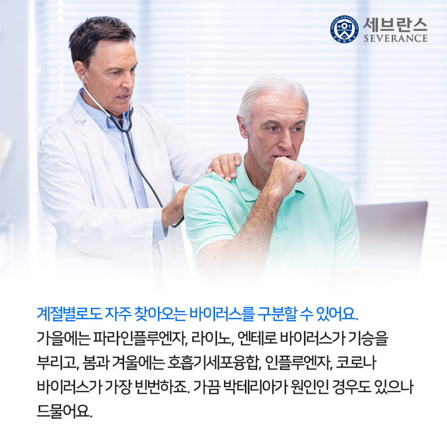 계절별로도 자주 찾아오는 바이러스를 구분할 수 있어요. 가을에는 파라인플루엔자, 라이노, 엔테로 바이러스가 기승을 부리고, 봄과 겨울에는 호흡기세포융합, 인플루엔자, 코로나 바이러스가 가장 빈번하죠. 가끔 박테리아가 원인인 경우도 있으나 드물어요.